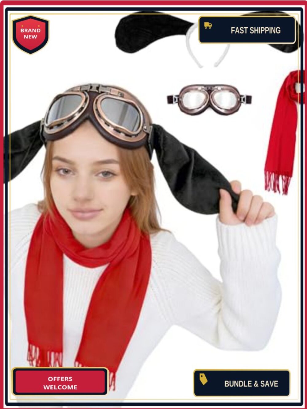 3pc Dog Cosplay Costume Set with Aviator Goggles Ears Headband Scarf